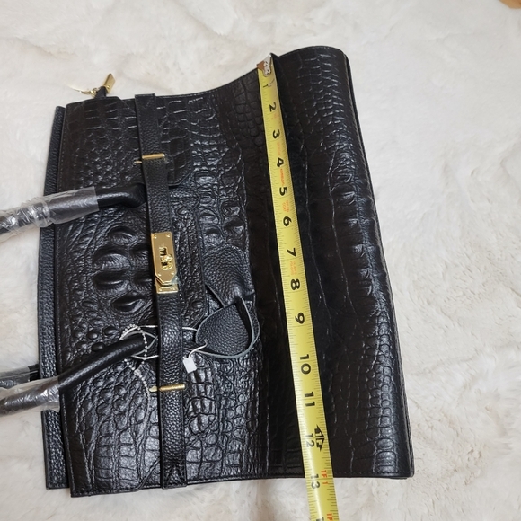 Genuine Leather Croc Embossed Top Handle Designer Style Bag Purse Black New - Picture 9 of 9